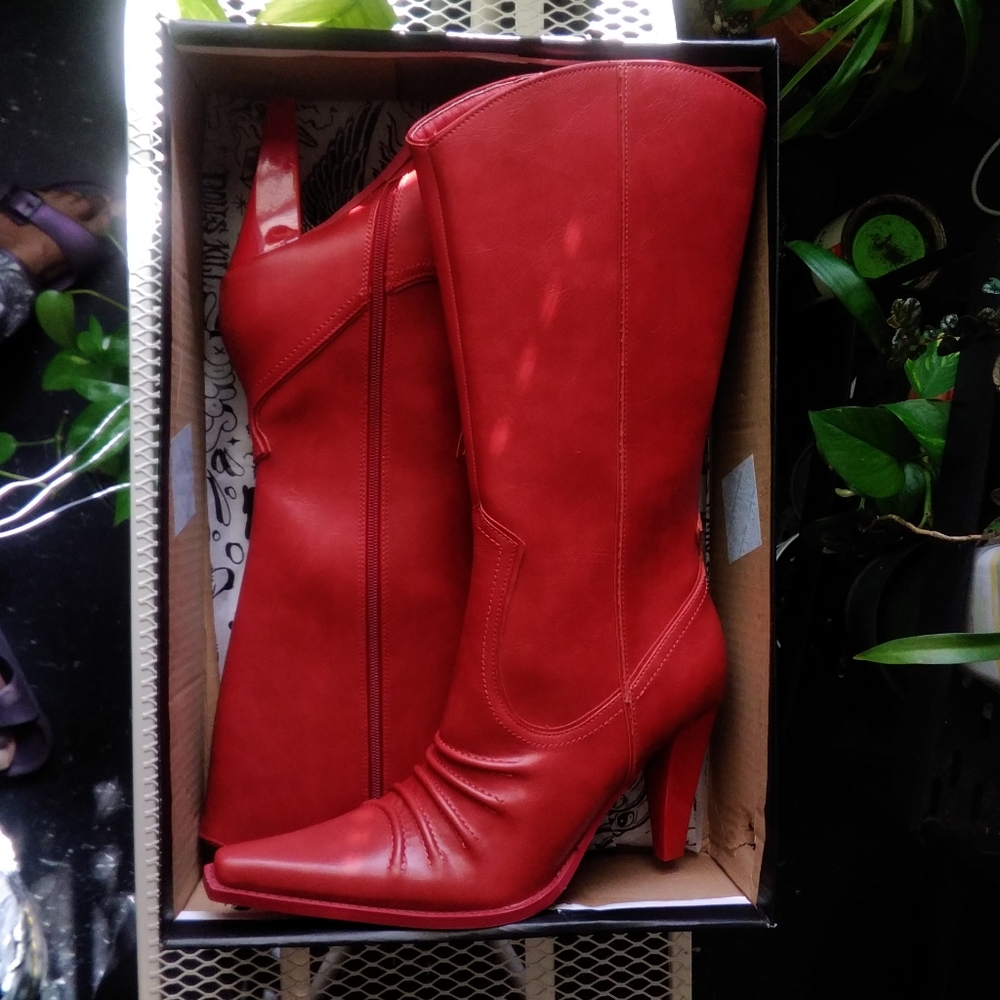 Dolls Kill Red Pointed-Toe Mid-Calf Heeled Boots - Picture 10 of 16